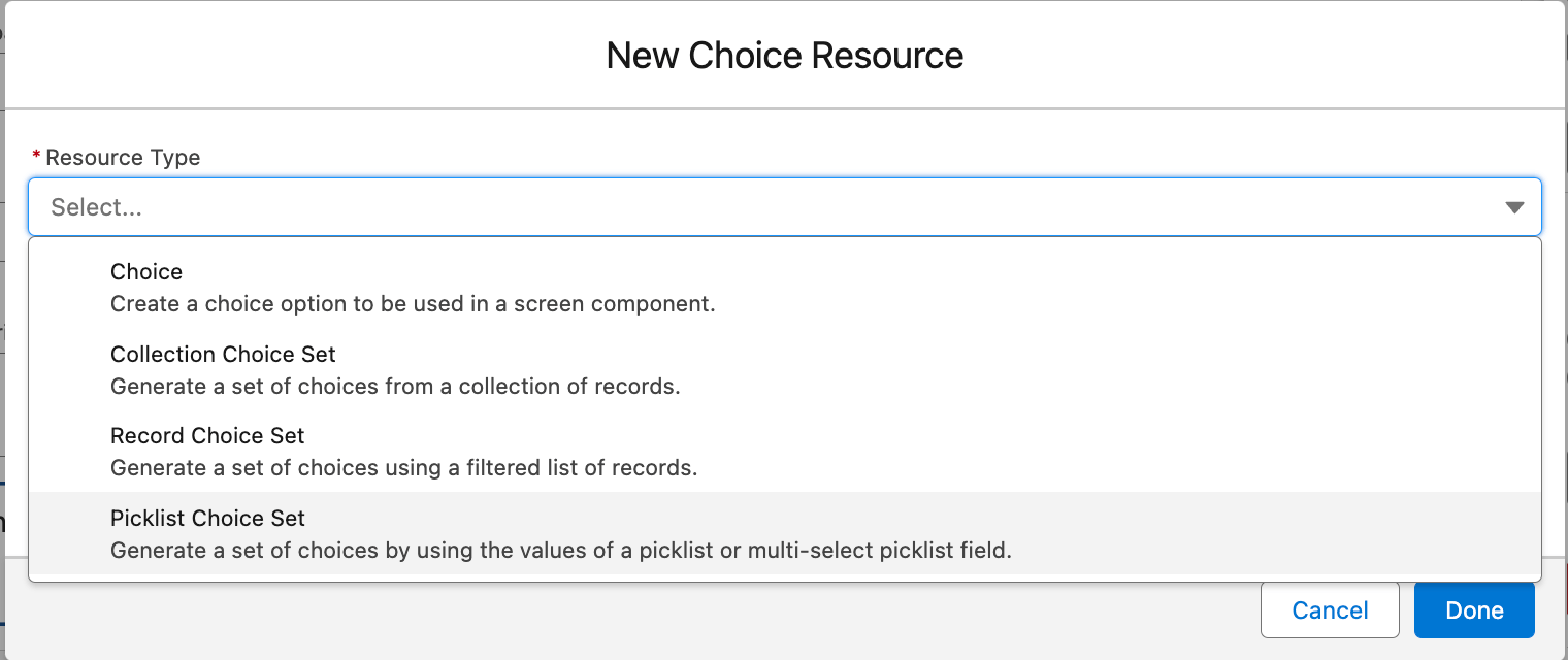 Selecting the Picklist Choice Set from the Resource Type dropdown.